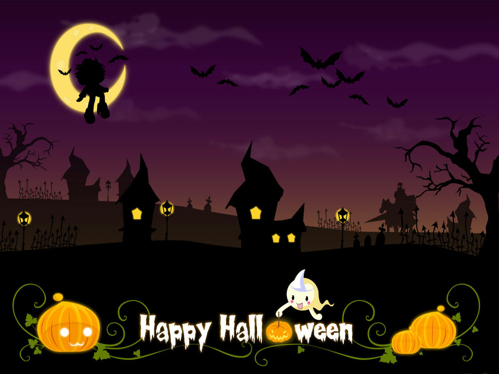 Обои для рабочего стола Happy Halloween! Привидение держит в руках светильник Джека, вдали видны призраки, в небе летучие мыши и мальчик, сидящий на серпе луны