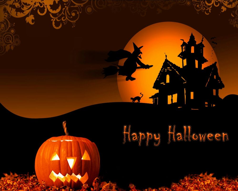 Обои для рабочего стола Happy Halloween - надпись на фоне ведьмы в небе, светильника Джека, старого замка, кота и полной луны