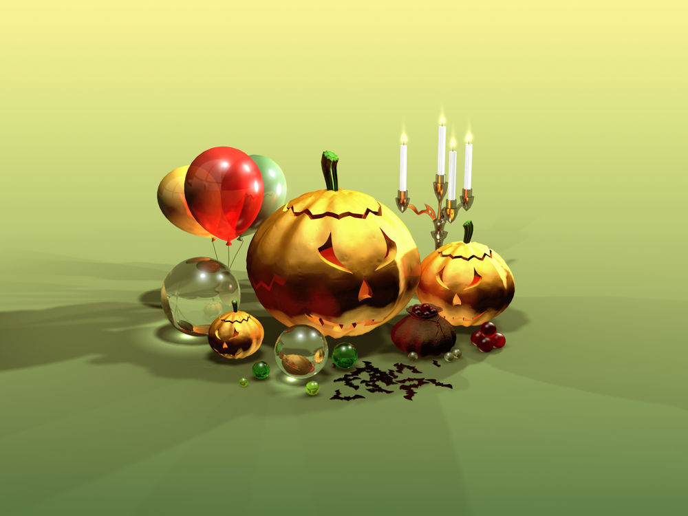 Обои для рабочего стола К празднику Хэллоуин, свечи, тыква, воздушные шарики