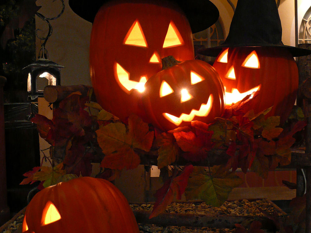 Обои для рабочего стола Светильники Джека в колпаках в листве Хэллоуин / Haloween