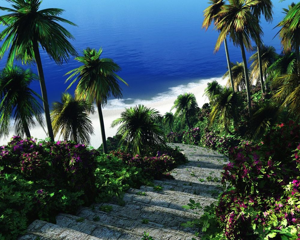 Обои для рабочего стола Каменистая лесенка украшенная по бокам цветами и пальмами спускается к пляжу у моря