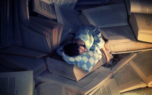 Обои на рабочий стол Девушка спит среди книг