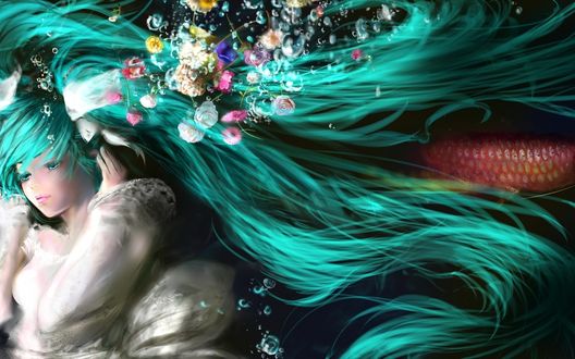 Обои на рабочий стол Вокалоид Хатсуне Мику / Vocaloid Hatsune Miku под водой, с проплывающими рыбами и цветами