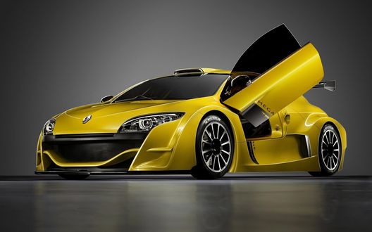 Обои на рабочий стол Renault Megane желтого цвет с открытой дверью
