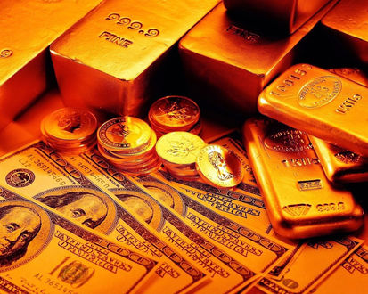 Обои на рабочий стол Золотые слитки, доллары и центы 