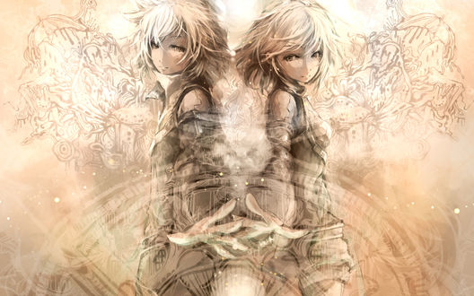 Обои на рабочий стол Вокалойды Рин и Лен / Rin & Len Kagamine стоят спинами друг к другу/