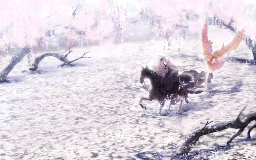 Обои на рабочий стол Pixiv Fantasia: Всадник на коне бредет по замершему озеру средь деревьев сакуры, а над ним парит ангел