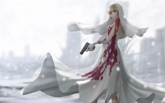 Обои на рабочий стол Айя Брея из игры 'The 3rd Birthday' (Parasite Eve) в окровавленном свадебном платье и пистолетом в руке