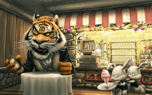 Обои на рабочий стол Тигр засекая время ждёт своей еды сидя за столиком 