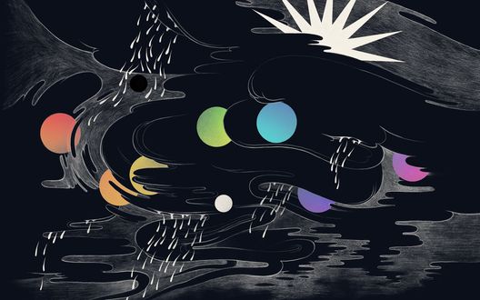 Обои на рабочий стол Абстрактное облако, из которого льется дождь, за облаком спряталось солнце