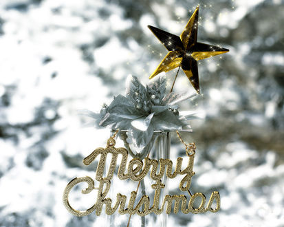 Обои на рабочий стол Новогоднее украшение с надписью Merry Christmas и золотой звездой