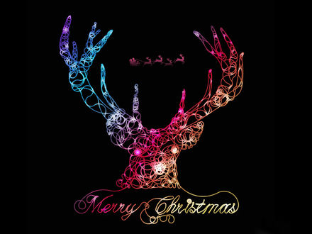 Обои на рабочий стол Разноцветный силуэт оленя с надписью Merry Christmas