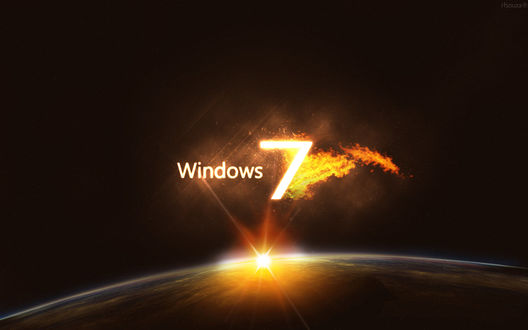 Обои на рабочий стол Огненный логотип windows 7 над планетой в космосе