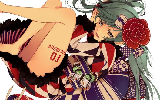Обои на рабочий стол Вокалоид Хатсуне Мику (VOCALOID 01) и пестрая бабочка