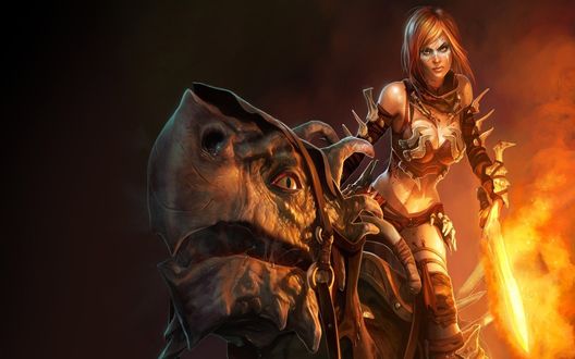Обои на рабочий стол Тайрис Флэр / Tyris Flare верхом на ездовом животном Абраксе / Abrax из игры Golden Axe: Beast Rider