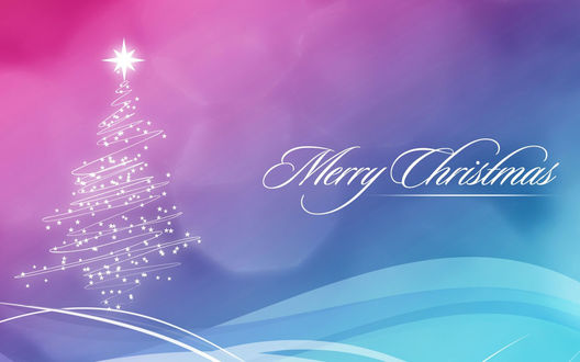 Обои на рабочий стол Лилово-голубые новогодние обои с елочкой и надписью Merry Christmas