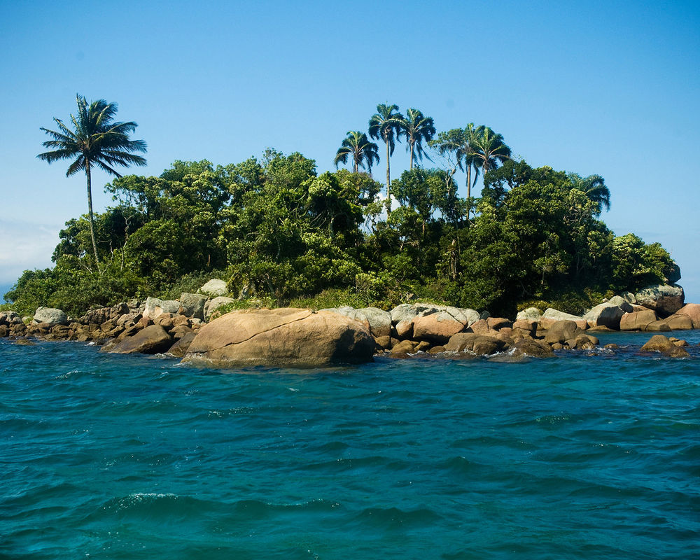Обои для рабочего стола Маленький скалистый островок с пальмами и деревьями в море