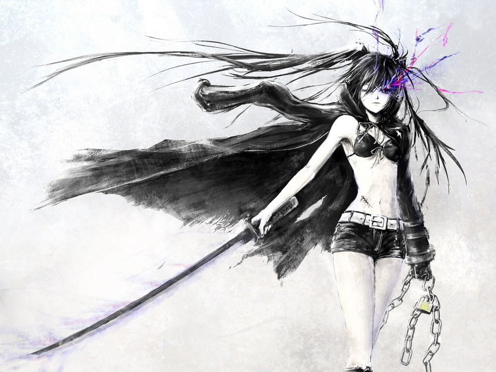 Обои для рабочего стола Black Rock Shooter / Стрелок с Черной скалы с катаной в одной руке и цепью с замком в другой