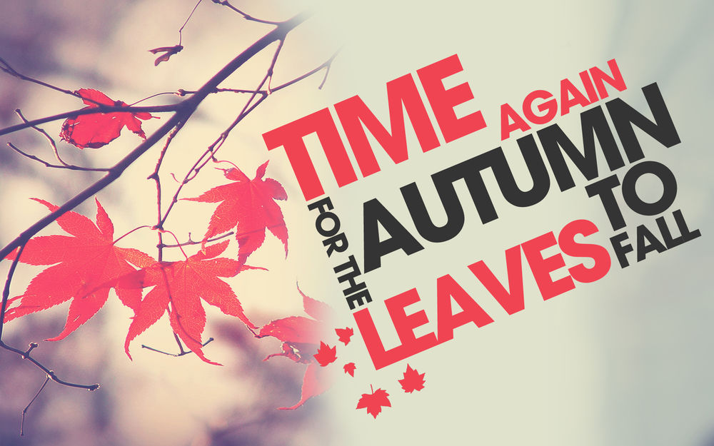 Обои для рабочего стола Веточка с красными осенними листьями и надпись 'TIME AGAIN FOR THE AUTUMN LEAVES TO FALL'