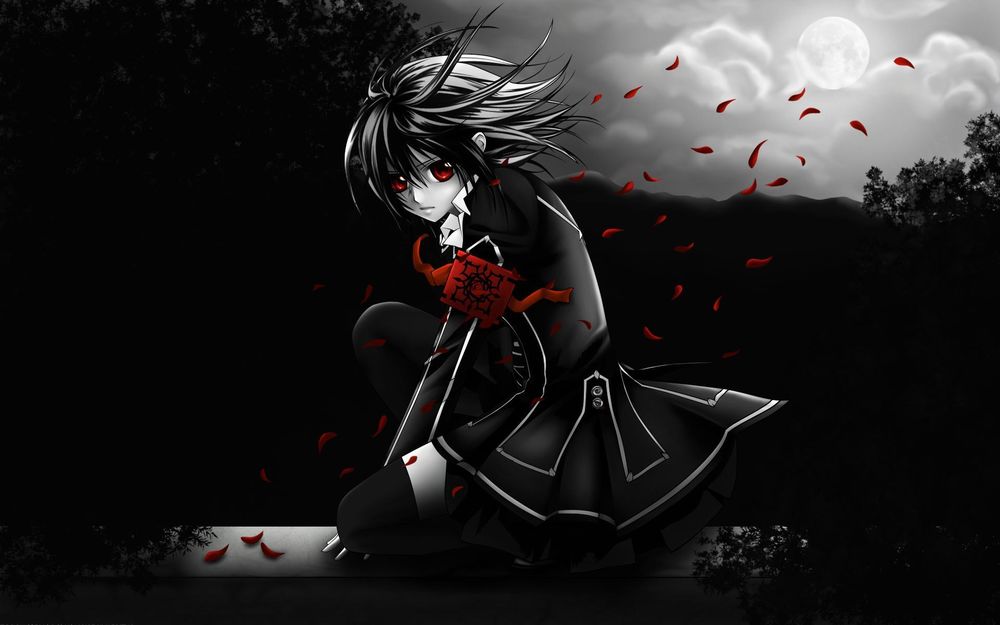 Обои для рабочего стола Юки Кросс из аниме 'Рыцарь-Вампир / Vampire Knight' с красными глазами, сидящая на ограде в сумерках, и красные лепестки