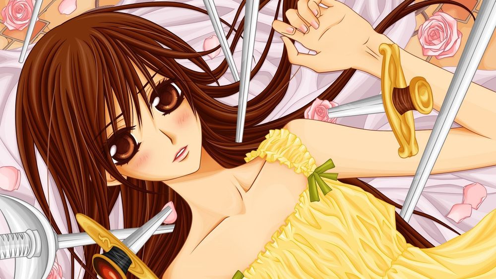 Обои для рабочего стола Юки из аниме 'Рыцарь-Вампир / Vampire Knight' в желтом платье лежит на полу меж воткнутых мечей