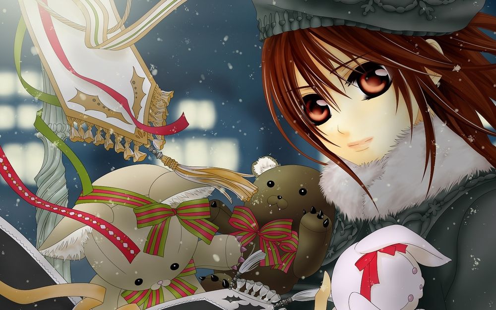 Обои для рабочего стола Юки Кросс из аниме 'Рыцарь-Вампир / Vampire Knight' зимой с игрушками и новогодними ленточками