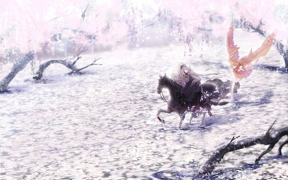 Обои для рабочего стола Pixiv Fantasia: Всадник на коне бредет по замершему озеру средь деревьев сакуры, а над ним парит ангел