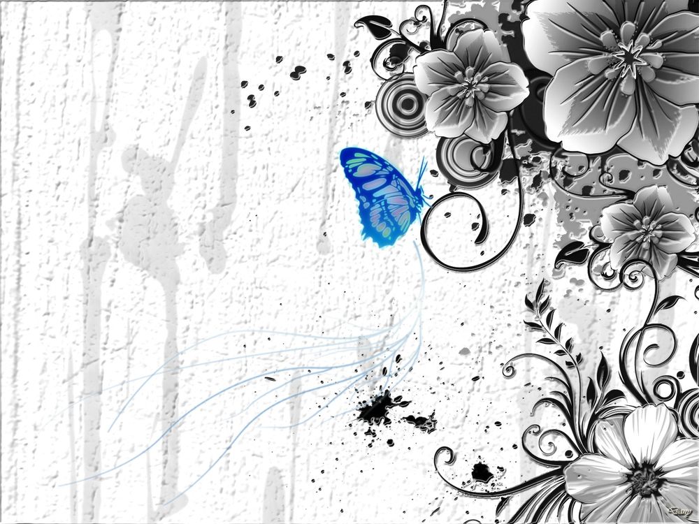 Обои для рабочего стола Узоры из цветов и синяя бабочка