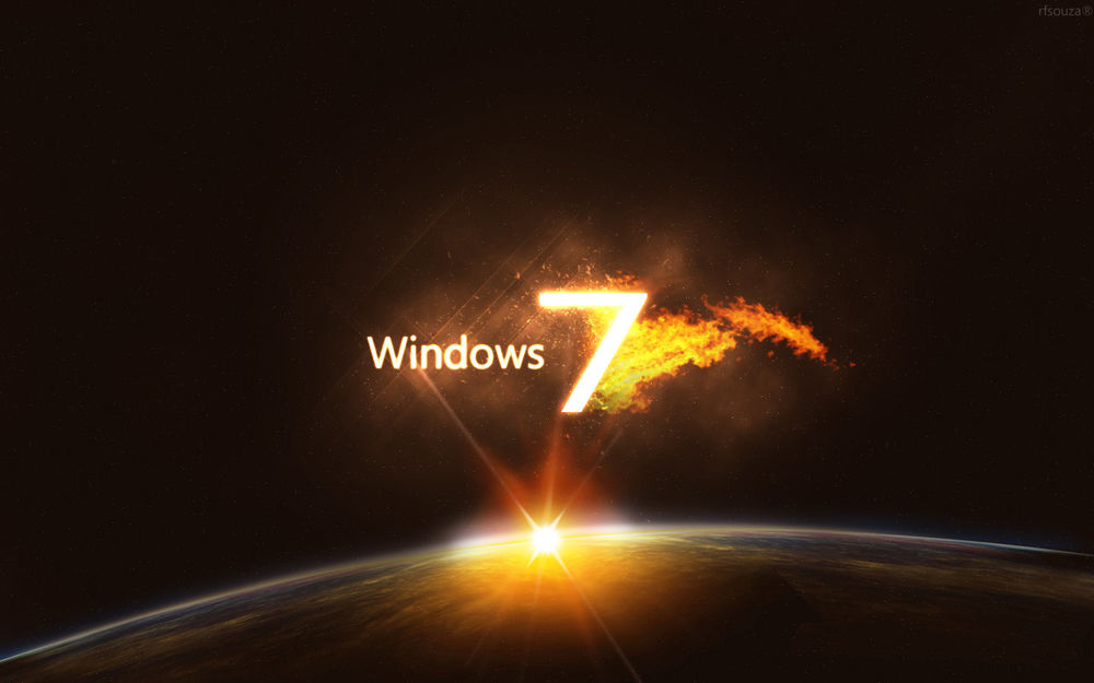 Обои для рабочего стола Огненный логотип windows 7 над планетой в космосе