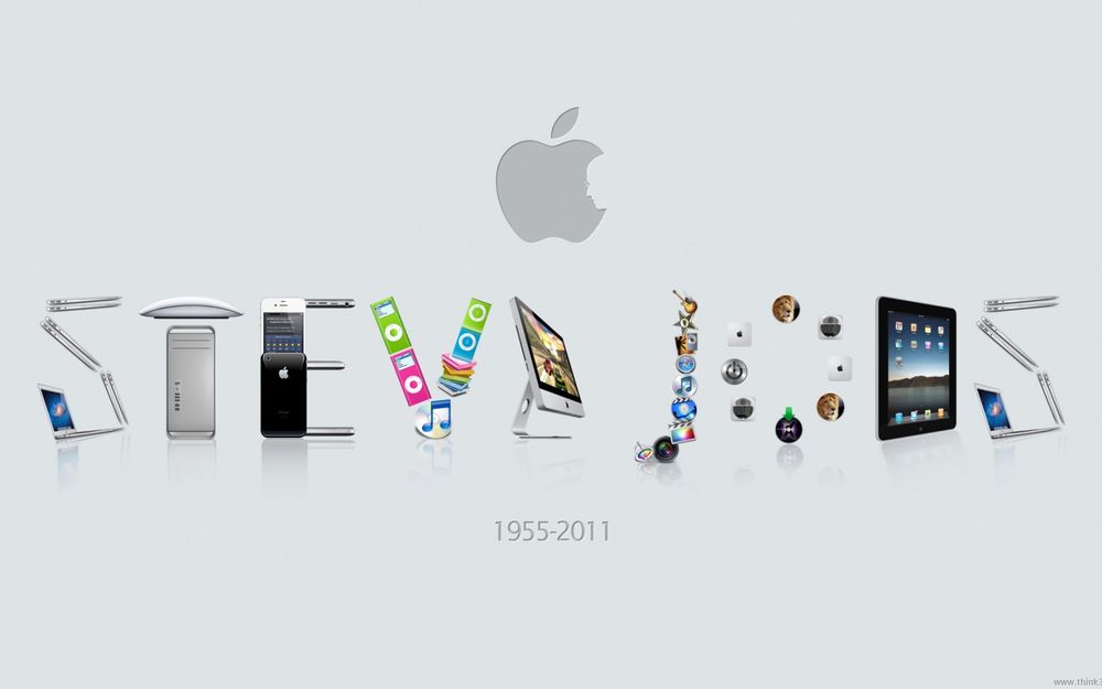 Обои для рабочего стола Из выпускаемой Apple продукции сложена надпись Steve Jobs (1955-2011), рядом знаменитый огрызок яблока с профилем этого выдающегося человека