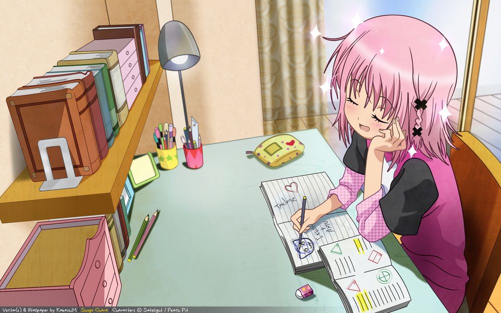 Обои для рабочего стола Аму из аниме Shugo Chara сидя за письменным столом мечтает об Икуто и рисует в тетради (Ikuto + Amu Taclase &;)