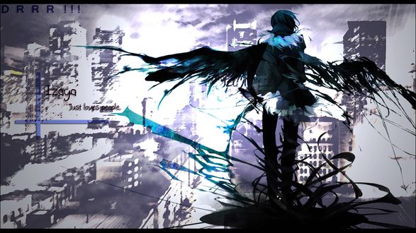 Обои на рабочий стол Изая из аниме Durarara с призрачными чёрными крыльями (DRRR!!! Izaya Just loves people)