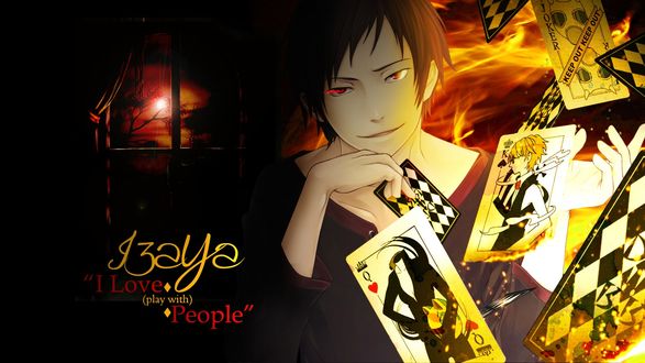 Обои на рабочий стол Изая из аниме Durarara с картами (Izaya 'I Love (play with) People')