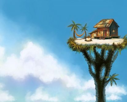 Обои на рабочий стол Маленький домик с гамаком и костром, на котором жарится курица, находятся на высокой пальме на фоне облачного неба