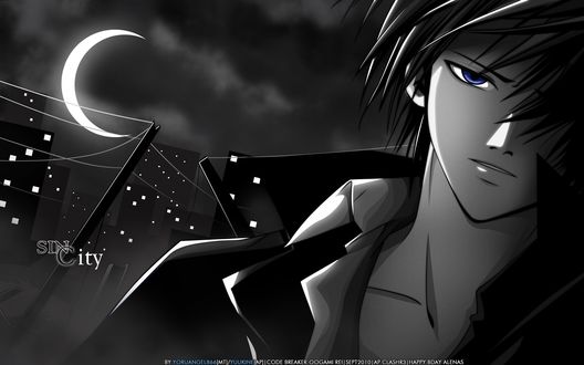 Обои на рабочий стол Рей Огами / Oogami Rei из манги Code: Breaker на фоне ночного города (SIN City)