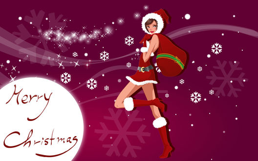 Обои на рабочий стол Снегурочка с подарками и надписью на луне и мешке (Merry Christmas)