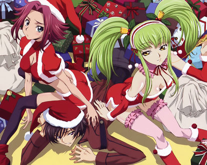 Обои на рабочий стол Каллен Кодзуки, Сисиль (C.C.) и Лелуш из аниме Code Geass в новогодних костюмах среди подарков
