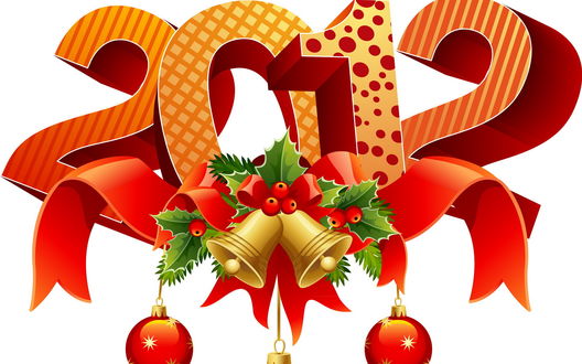 Обои на рабочий стол Новый 2012 год, огромные цифры украшенные красной лентой и колокольчиками