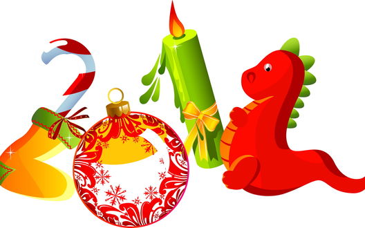 Обои на рабочий стол Новый 2012 год Дракона, цифры состоящие из конфеты, свечи, елочного шара и небольшого дракончика