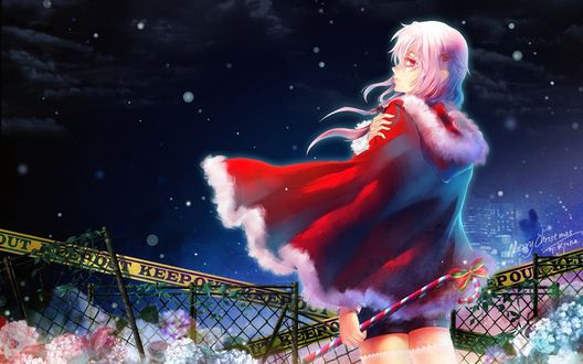 Обои на рабочий стол Инори Юдзуриха / Yuzuriha Inori из аниме Guilty Crown / Венец Вины в новогоднюю (рождественскую) ночь (KEEP OUT Merry Christmas)