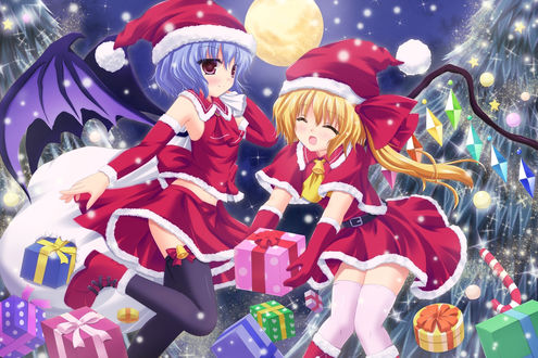 Обои на рабочий стол Scarlet sisters: Remilia & Flandre / сестры Скарлет: Ремилия и Фландр из аниме-игры Тохо / Touhou Project с подарками в Новогоднюю (Рождественскую) ночь