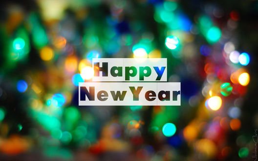 Обои на рабочий стол Фраза Happy New Year на фоне размытых новогодних огней