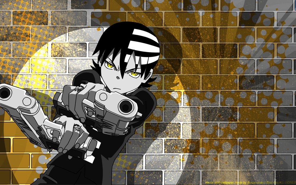 Обои для рабочего стола Кид / Kid из аниме Soul Eater / Пожиратель Душ с двумя пистолетами на фоне кирпичной стены (Vector and Wallpaper made by Susan-chan I Soul Eater(c) BONES)