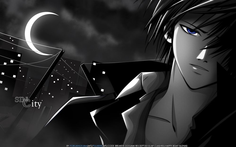 Обои для рабочего стола Рей Огами / Oogami Rei из манги Code: Breaker на фоне ночного города (SIN City)