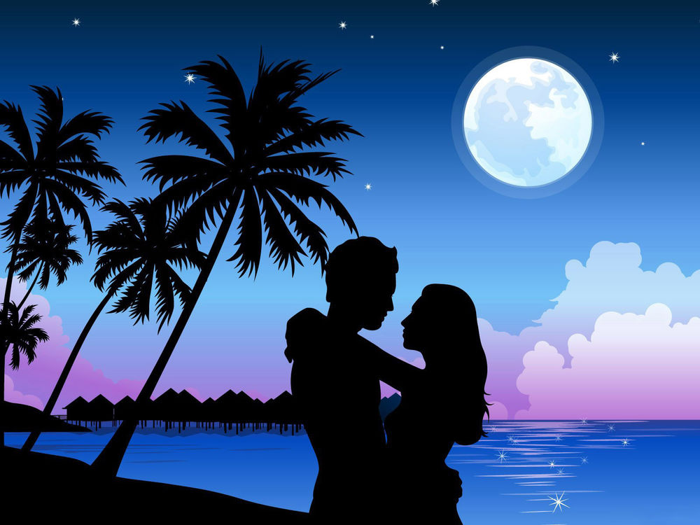 Обои для рабочего стола Влюбленная пара ночью на тропическом пляже обнимается под луной