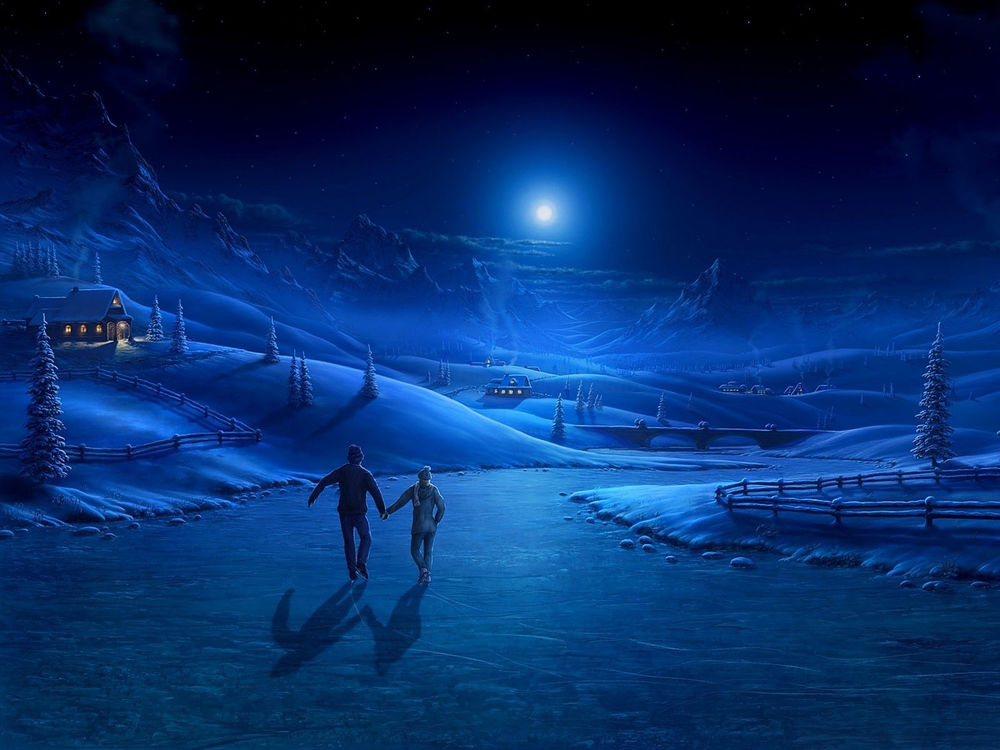 Обои для рабочего стола Пара катается на коньках по замерзшей реке ночью в свете луны
