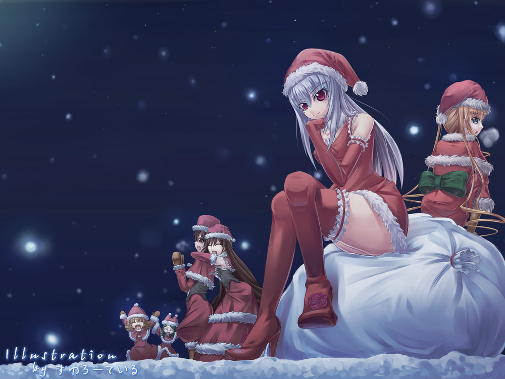 Обои для рабочего стола Девушки из аниме Rozen Maiden в новогодних костюмах сидят на мешках с подарками (illustration by )