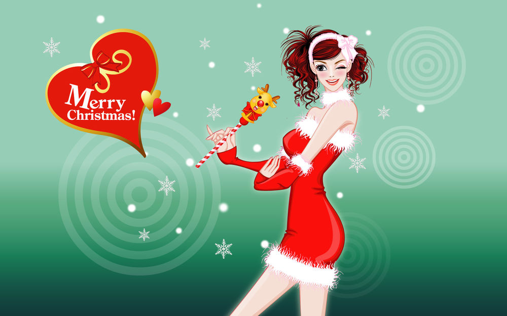 Обои для рабочего стола Снегурочка с жезлом и с сердцем подмигивает (Merry Christmas!)