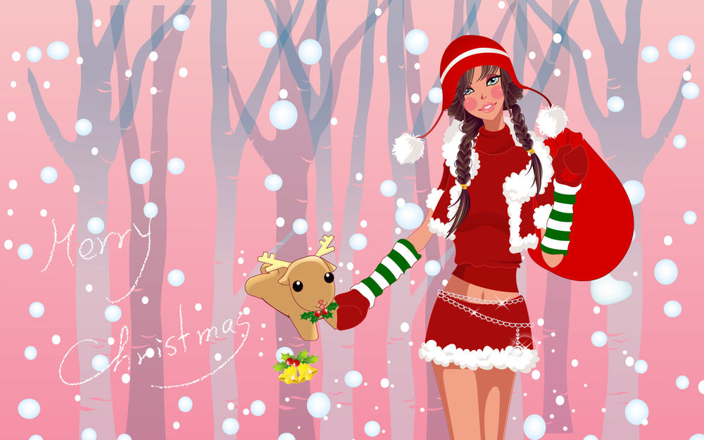 Обои для рабочего стола Розовощекая снегурочка держит игрушечного оленя и несёт мешок подарков (Marry Christmas)