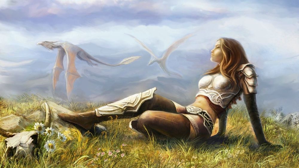 Обои для рабочего стола Девушка сидит на зелёной траве и наблюдает за полётом драконов